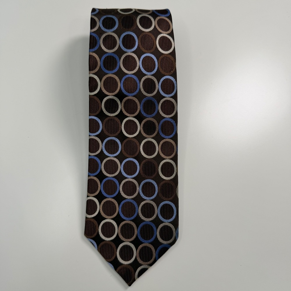 Michael Kors Mens Silk Necktie Brown Blue Geometric Circle Pattern Fathers Day